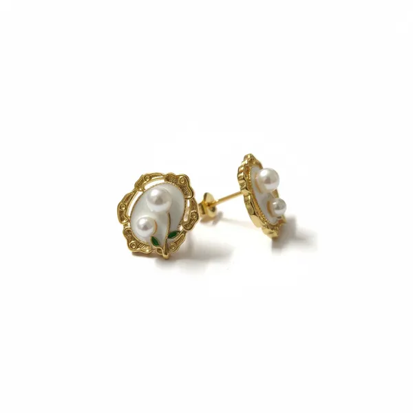 Gold_Plated_Lily_Of_The_Valley_Enamal_Pearl_Stud_Earrings_For_Women
